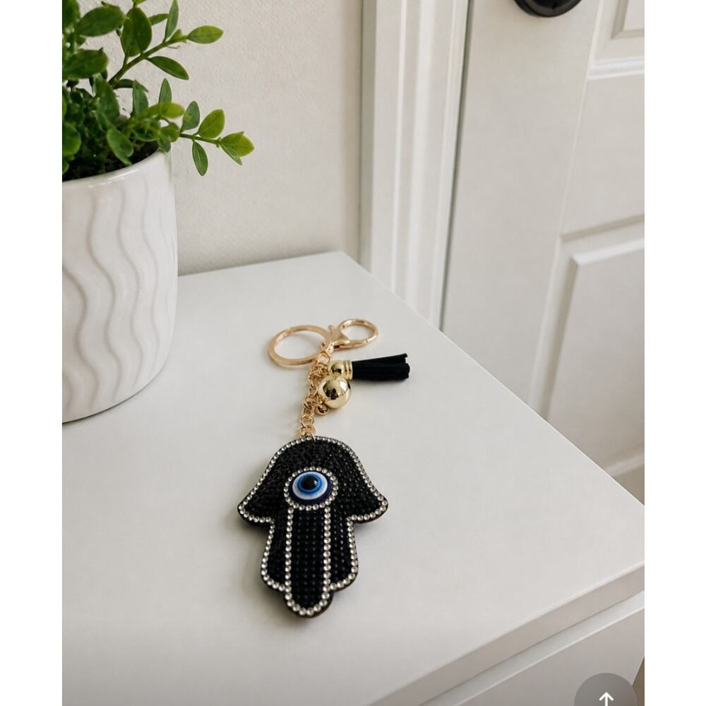 Black Rhinestone Hamsa Evil Eye Hand Bag Charm New - Picture 2 of 2